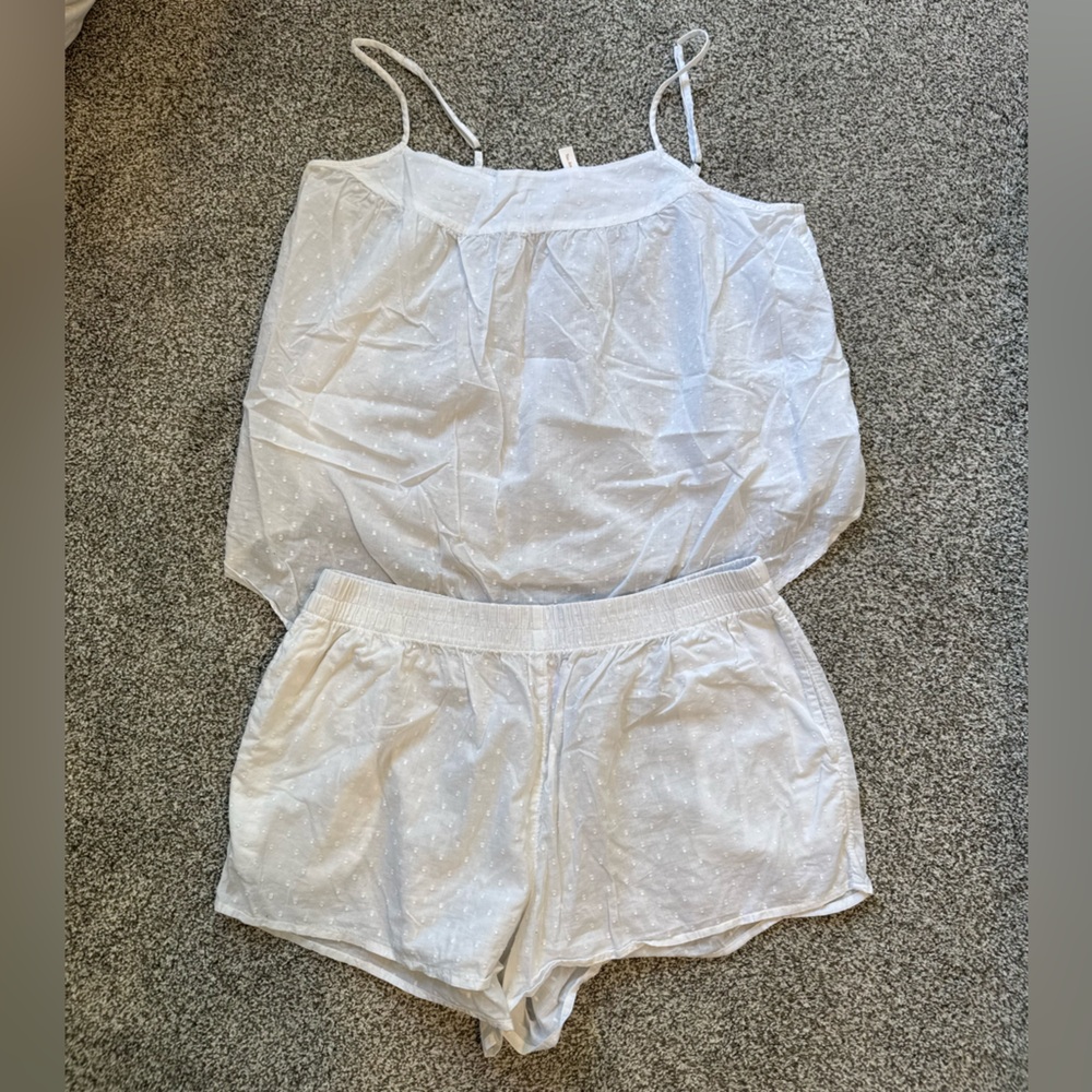 White Polka Dot Cotton Pajama Set — L